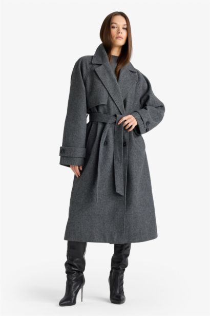 Afra x DeFacto Kuşaklı Cepli Uzun Kaşe Kaban