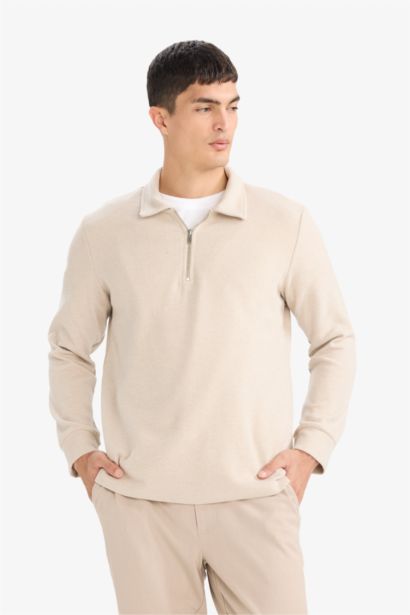 Regular Fit Polo Yaka Yarım Fermuarlı Sweatshirt