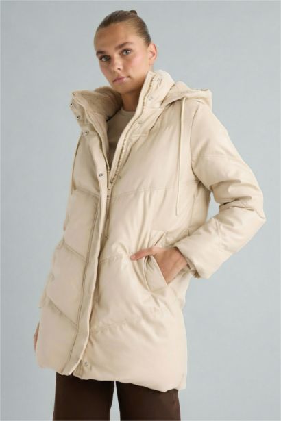 Waterproof Relax Fit Hooded Faux Leather Puffer Jacket