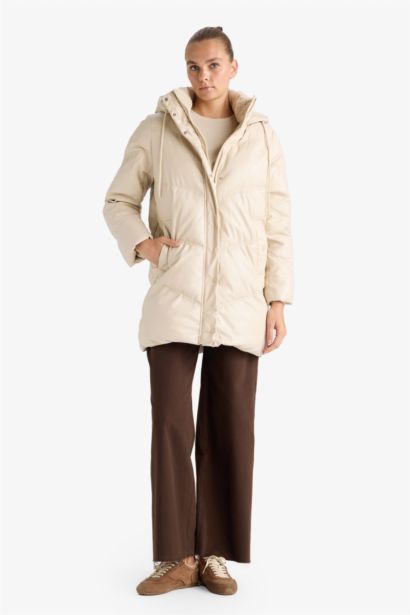 Waterproof Relax Fit Hooded Faux Leather Puffer Jacket