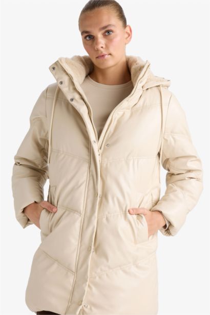 Waterproof Relax Fit Hooded Faux Leather Puffer Jacket
