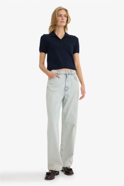 بلوفر تريكو نص كم سليم فيت بياقة بولو