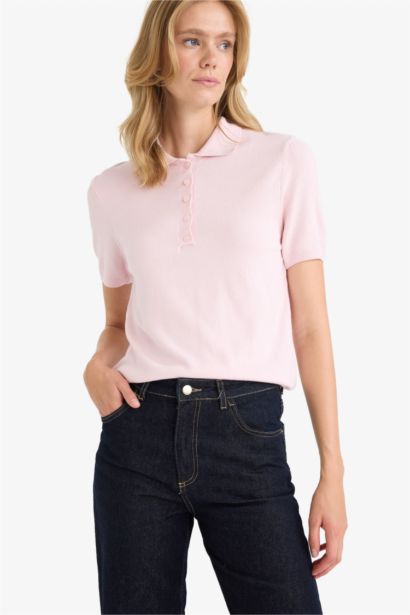 Pull tricot à col polo et manches courtes Coupe régulière