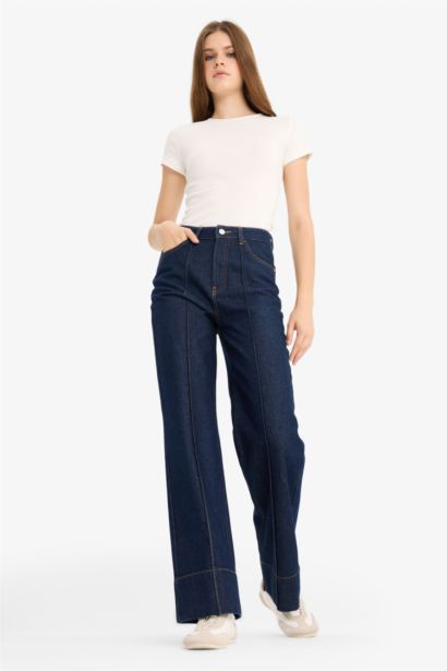 Regular Hem High Waist Straight Leg Denim Trousers
