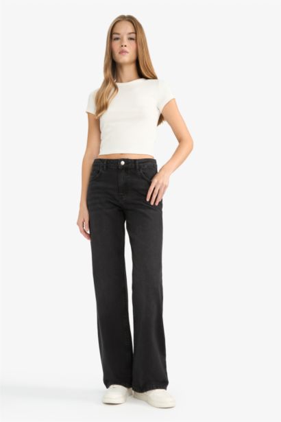Straight Fit High Waist Wide Leg Denim Trousers