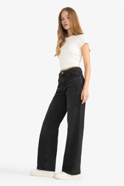 Straight Fit High Waist Wide Leg Denim Trousers