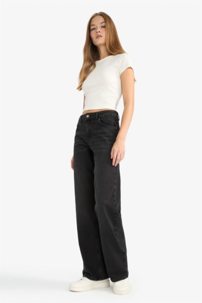 Straight Fit High Waist Wide Leg Denim Trousers