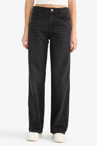 Straight Fit High Waist Wide Leg Denim Trousers