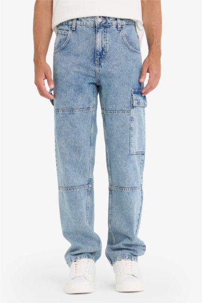 %100 Pamuk Relax Fit Kargo Cepli Geniş Paça Jean Pantolon