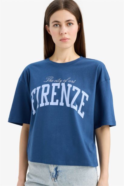 تيشيرت نص كم أوفر سايز بياقة مستديرة