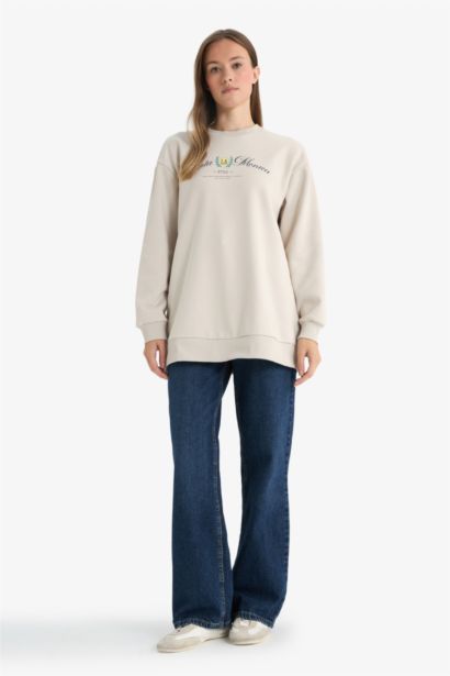 Regular Fıt Bisiklet Yaka Baskılı İçi Yumuşak Tüylü Sweatshirt Tunik