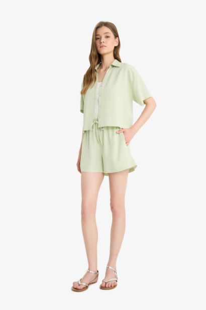 Normal Waist Short Leg Linen Blend Shorts