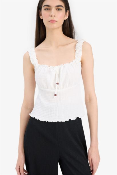 Slim Fit Square Collar Crepe Blouse