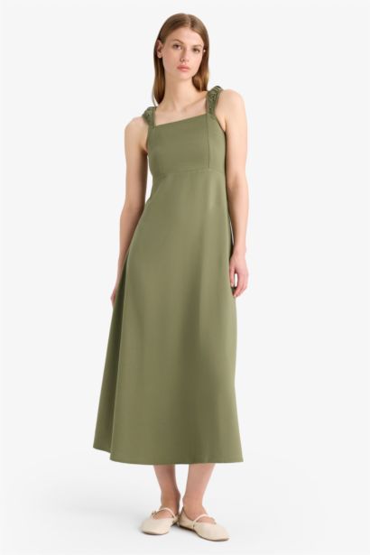 Keten Karışımlı Midi Elbise