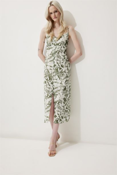 V Yaka Çiçek Desenli Maroken Askılı Midi Yazlık Elbise