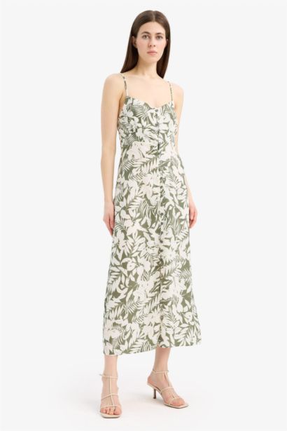 V Yaka Çiçek Desenli Maroken Askılı Midi Yazlık Elbise