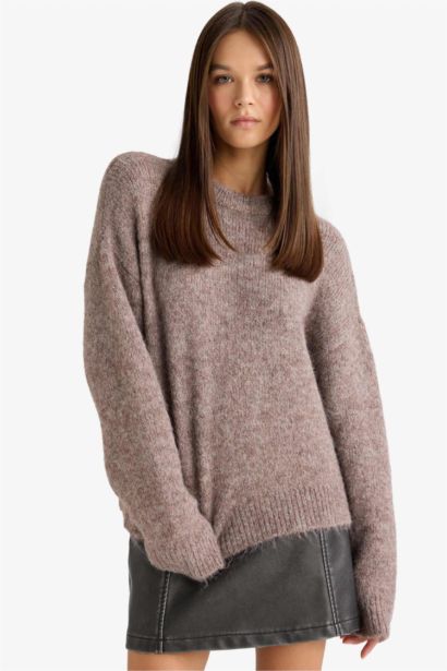 Yün Karışımlı Bisiklet Yaka Oversize Fit Triko Kazak