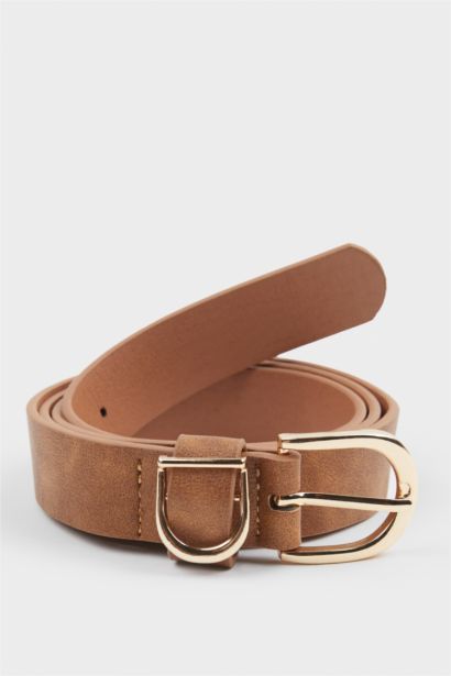 Woman Oval Buckle Faux Leather Belt
