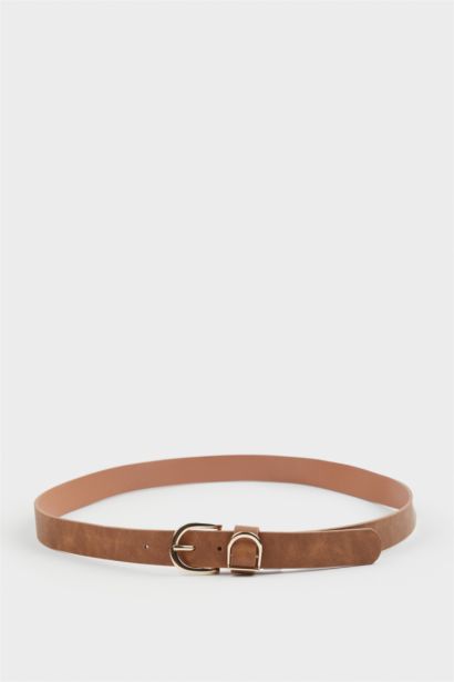 Woman Oval Buckle Faux Leather Belt