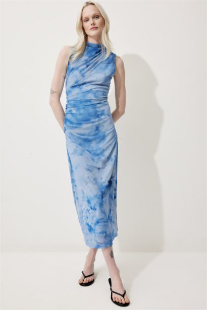 Half Turtleneck Printed Tulle Maxi Dress