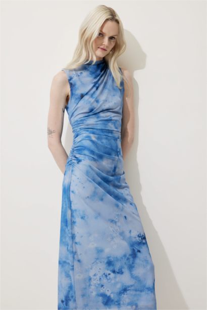 Half Turtleneck Printed Tulle Maxi Dress