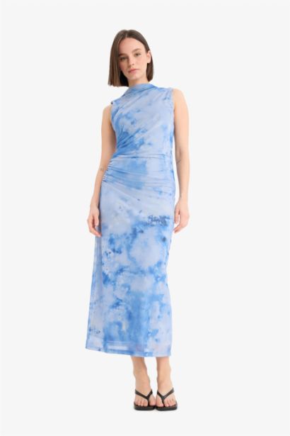 Half Turtleneck Printed Tulle Maxi Dress
