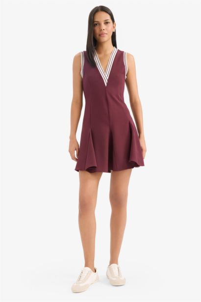 V Yaka Kolsuz Volanlı Mini Yazlık Elbise