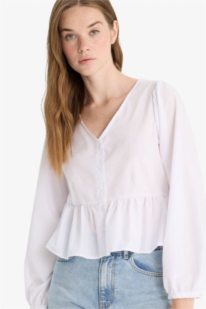 Regular Fit V-Neck Long Sleeve Blouse