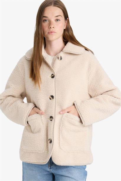 Regular Fit Düğmeli Pelüş Mont