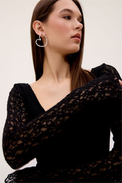 V Yaka Dantel Uzun Kollu Mini Elbise