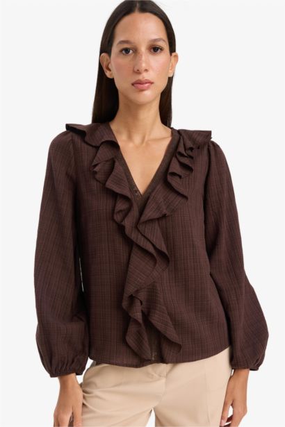 Oversize Geniş Kalıp V Yaka Pamuklu Fırfırlı Uzun Kollu Bluz