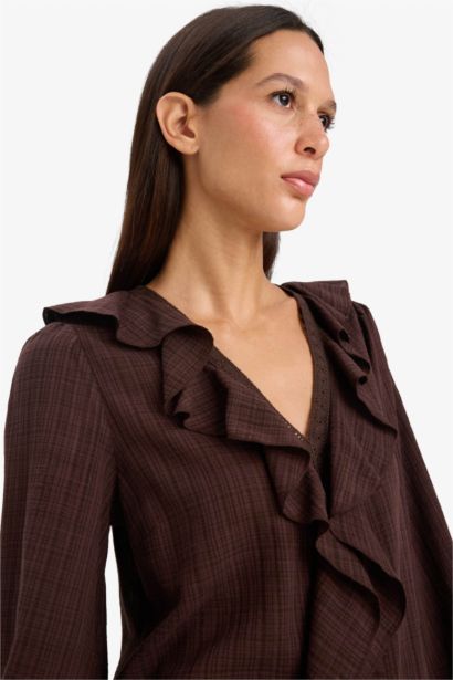 Oversize Geniş Kalıp V Yaka Pamuklu Fırfırlı Uzun Kollu Bluz