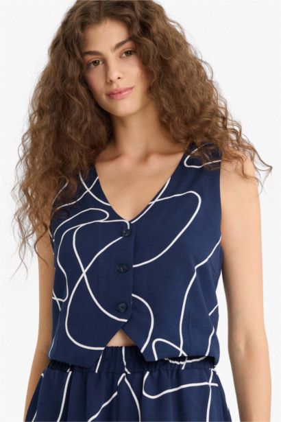 فيست بليزر فلورال بياقة V من مزيج الكتان