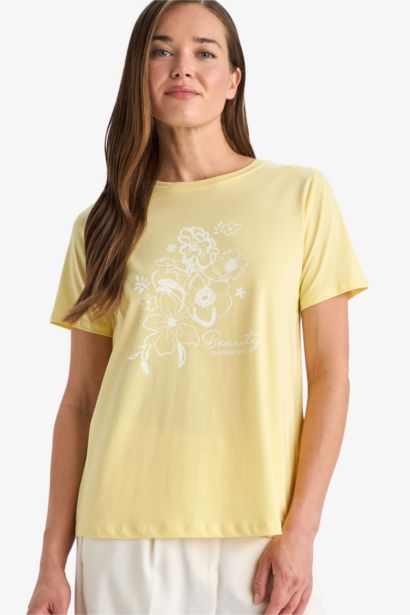 Regular Fıt Bisiklet Yaka Etnik Desenli Penye Kısa Kollu Tişört