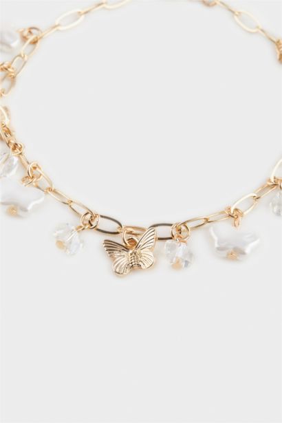 Женский браслет золотого цвета с подвеской в виде бабочки и жемчугом
