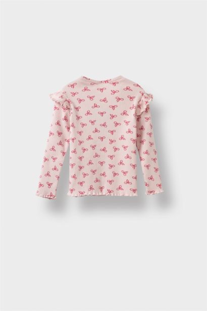 تيشيرت بيبي بناتي كم طويل مضلع قصة عادية بياقة مستديرة