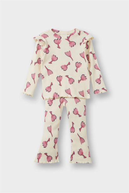 Kız Bebek 2'li Takım Çiçekli Fitilli Kaşkorse Sweatshirt İspanyol Paça Tayt