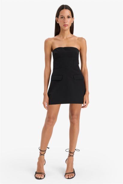 Straplez Basic Düz Mini Elbise