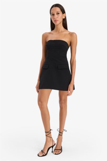 Straplez Basic Düz Mini Elbise