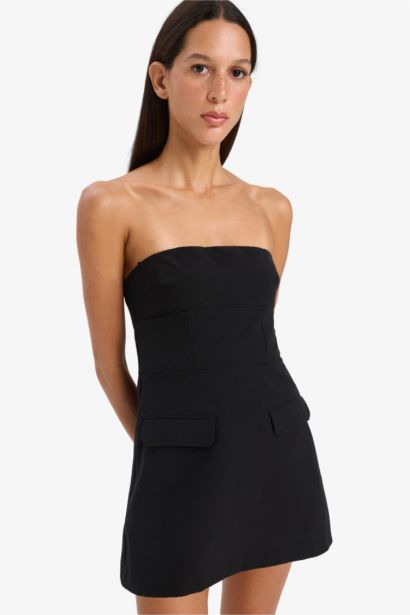 Straplez Basic Düz Mini Elbise