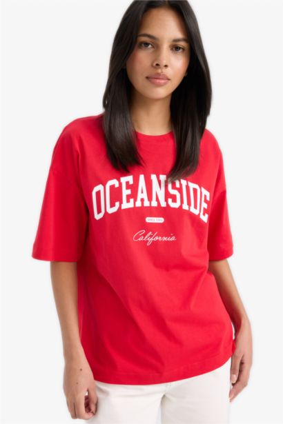 Oversize Fit Crew Neck Slogan Printed Cotton T-Shirt
