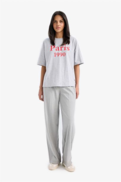 Oversize Fit Crew Neck Slogan Printed Cotton T-Shirt