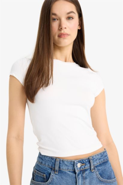 Fitted Bisiklet Yaka Basic Düz Kısa Kollu Tişört