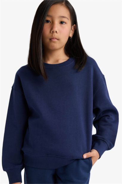 سويت شيرت بناتي قصة مريحة بياقة مستديرة ببطانة ناعمة