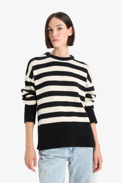 Oversize Geniş Kalıp Bisiklet Yaka Çizgili Triko Kazak