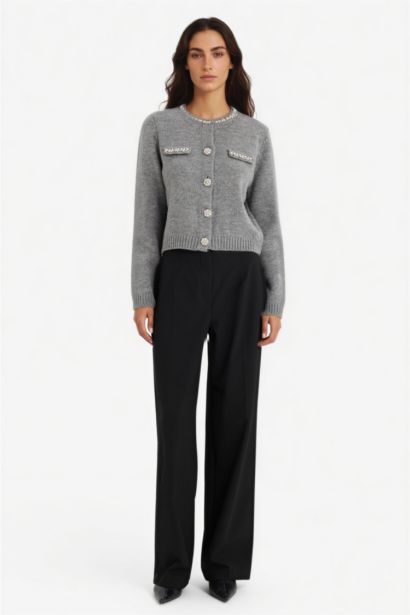 Regular Fit Crew Neck Embroidered Knitwear Cardigan