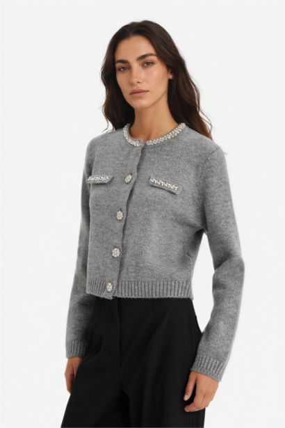 Regular Fit Crew Neck Embroidered Knitwear Cardigan