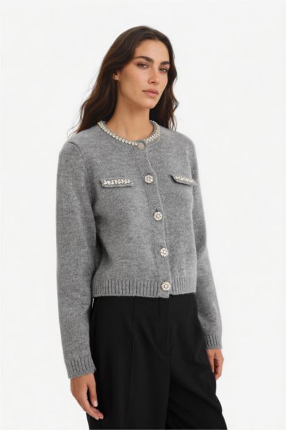 Regular Fit Crew Neck Embroidered Knitwear Cardigan