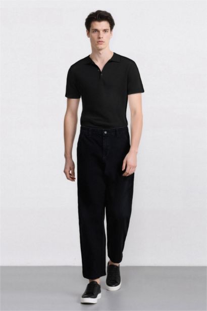 %100 Pamuk Skater Fit Geniş Kalıp Yüksek Bel Geniş Paça Siyah Jean Pantolon