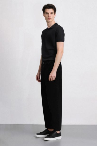 %100 Pamuk Skater Fit Geniş Kalıp Yüksek Bel Geniş Paça Siyah Jean Pantolon